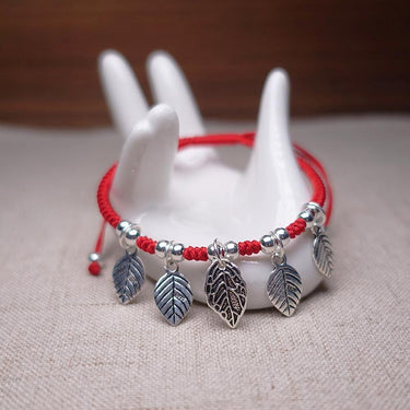 Sterling Silver 'GROWTH' Leaf charm Red Rope Bracelet